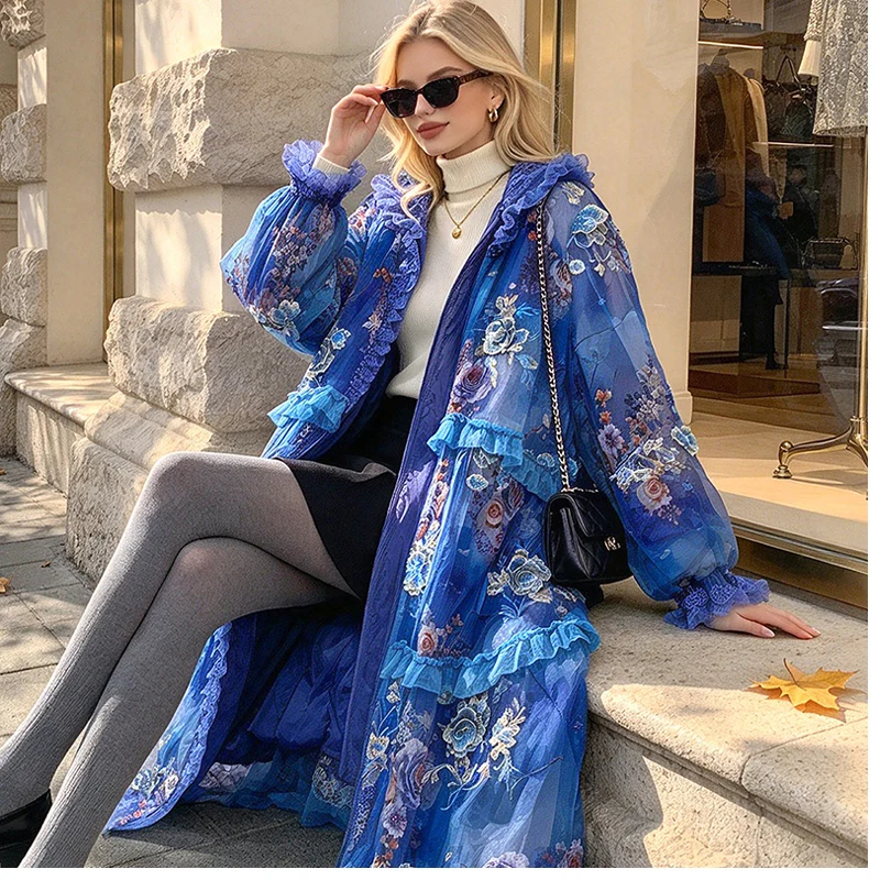 Women Hooded Silk Fabric Mid Long late Autumn Early Winter Luxury Print +Embroidery Loose Warm Lady Cotton Coat