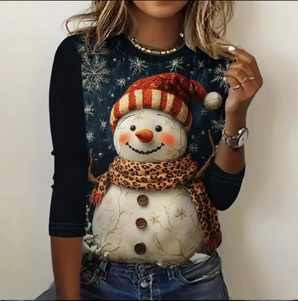 

Funny Santa Print Tops Women's Long Sleeve T-Shirt Casual Holiday 2024 New Fashion Clothing Snowman Loose Christmas Day Clothing