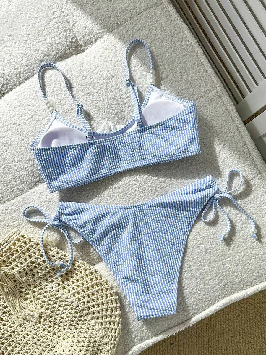 

Blue Striped Tankini Top And V-Cut Bikini Bottom Swimwear Set For Women