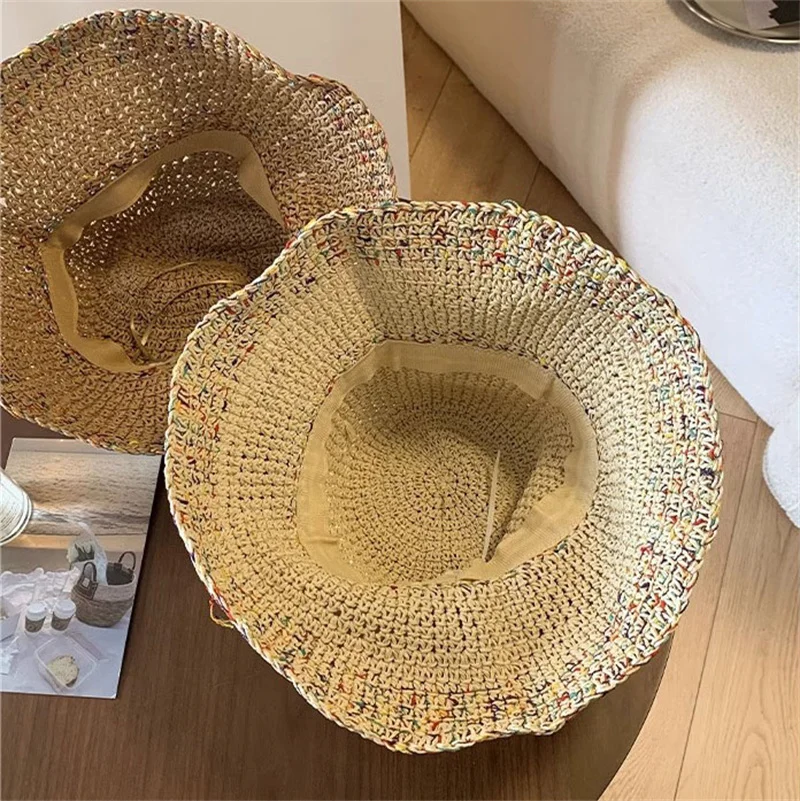 Sweet Flower Design Large Brim Women\'s Caps Summer Seaside Vacation Sun Protection Show Face Small Cute Straw Bucket Hat