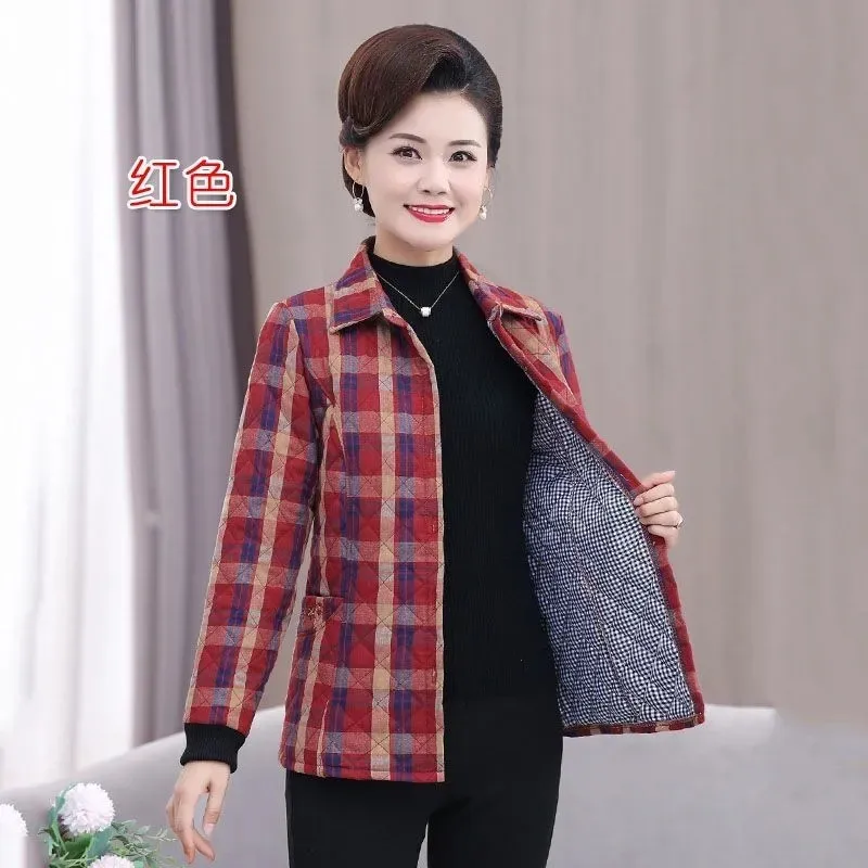 

2023 New Middle-Aged And Elderly Women In Autumn And Winter Light Cotton-Padded Coat Plus Size Loose Warm Plaid Embroidered Coat