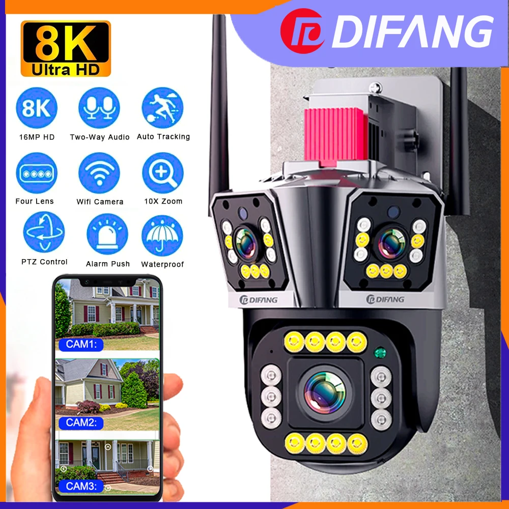 DIFANG 5K Wifi Security Camera Outdoor Triple Lens 3 Screen 2-Way Audio Color Night Vision AI Humanoid Detection CCTV PTZ Camera