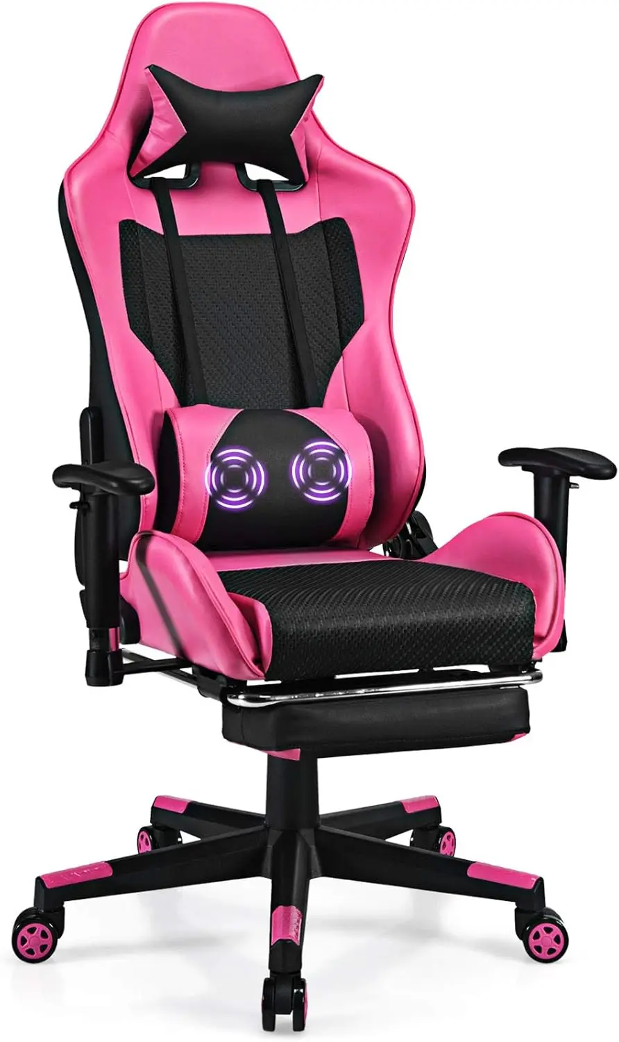 

Giantex Massage Gaming Chair Pink, Ergonomic Video Game Chair with Footrest, High Back E-Sport Computer Chair with Headrest