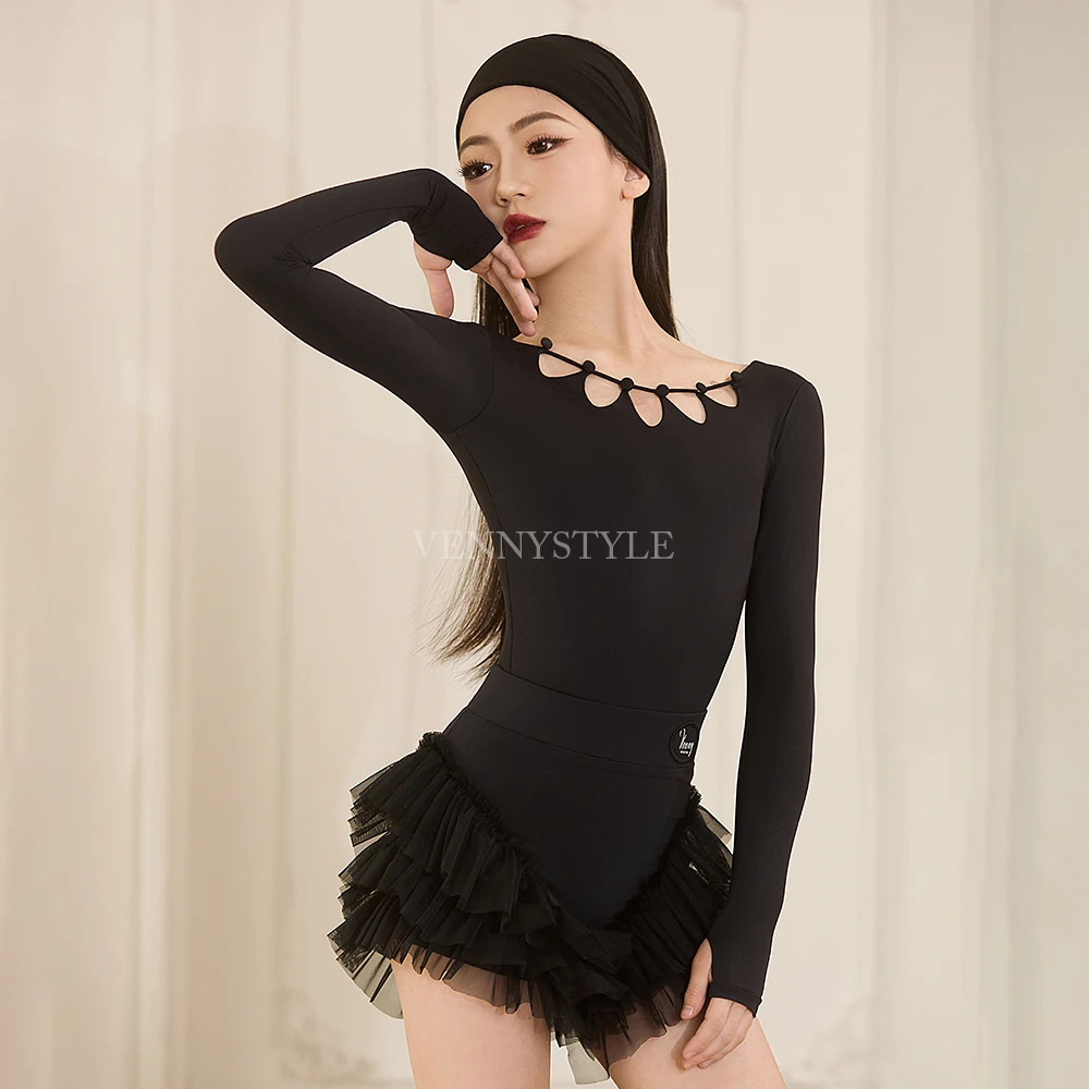 فستان رقص لاتيني للسيدات بأكمام طويلة، مجموعة توب وتنورة للأداء والتدريب على أزياء الرقص في قاعة الرقص #4