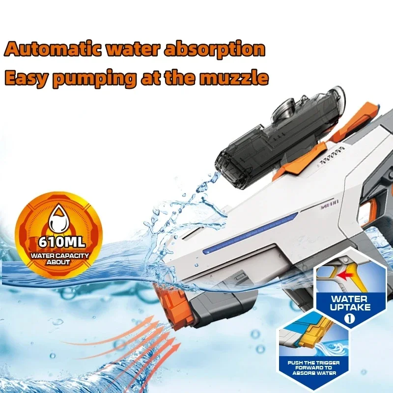 Pistola de água elétrica com LED para crianças e adultos Spray Blaster totalmente automático, pistola de grande capacidade, piscina de verão,