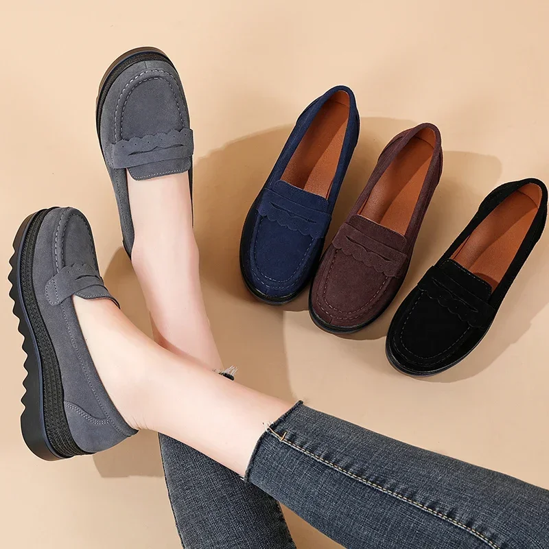 Spring Women Flat Platform Loafers Ladies Elegant Suede Leather Moccasins Shoes Woman Slip On Moccasin Women\'s Blue Casual Shoes