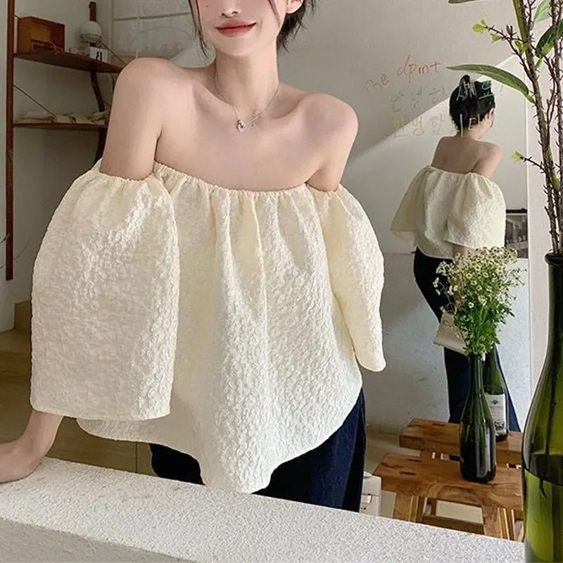 

French Style Elegant Slash Neck Shirt Women's Clothing Off Shoulder Summer Solid Color Basic Stylish Jacquard Weave Folds Blouse