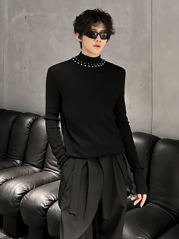 

Осень-зима вязаные подушечки irt oulder Pads Long Sve Men f с высоким воротником и жемчугом встроенный свитер Haome Base irt