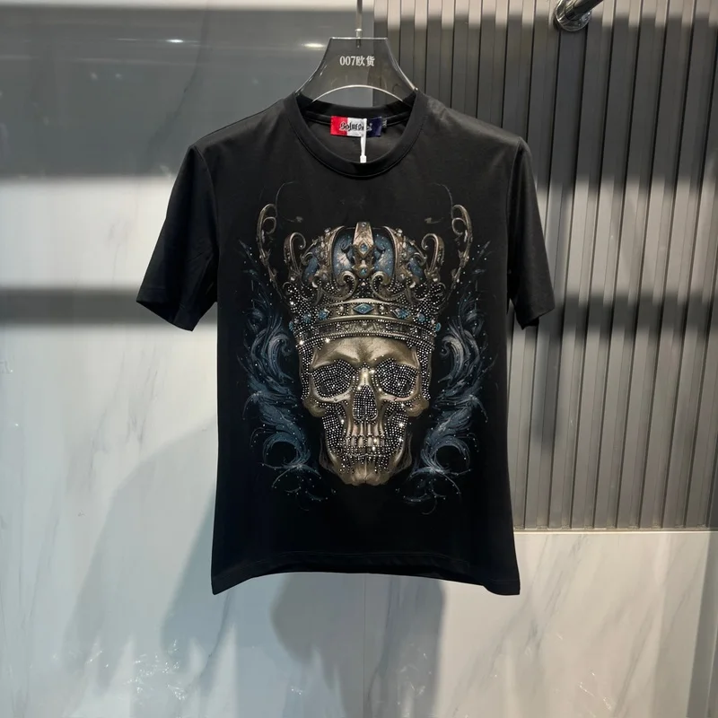 

Summer 2025 new styles of men's clothing from Europe and America Short sleeve Diamond crown skull print T-shirt