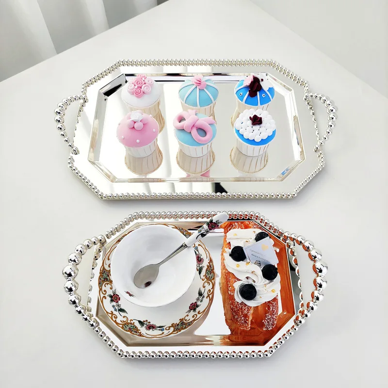 European Metal Beaded Octagon Tray Fruit Plate Cake Stand Baking Birthday Party Decor Wedding Event Item
