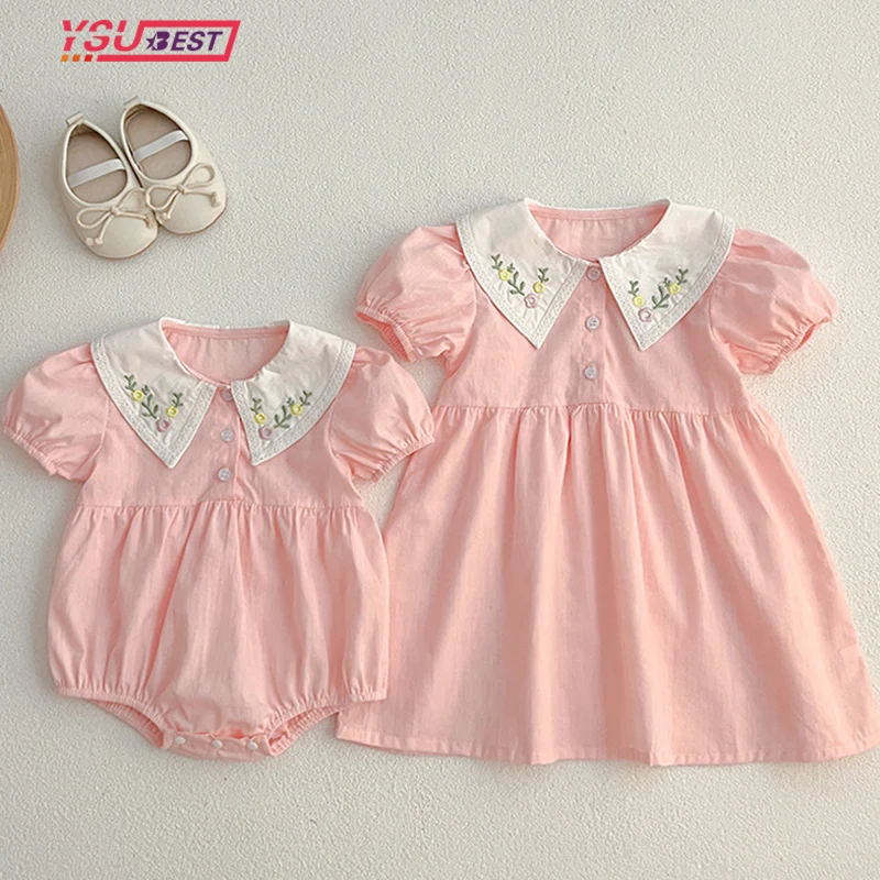 

Sisters Summer Children Girls Dress Cotton Floral Dress Girl Cute Bodysuit Sisters Look Outfits Pink Princess Embroidery Dress