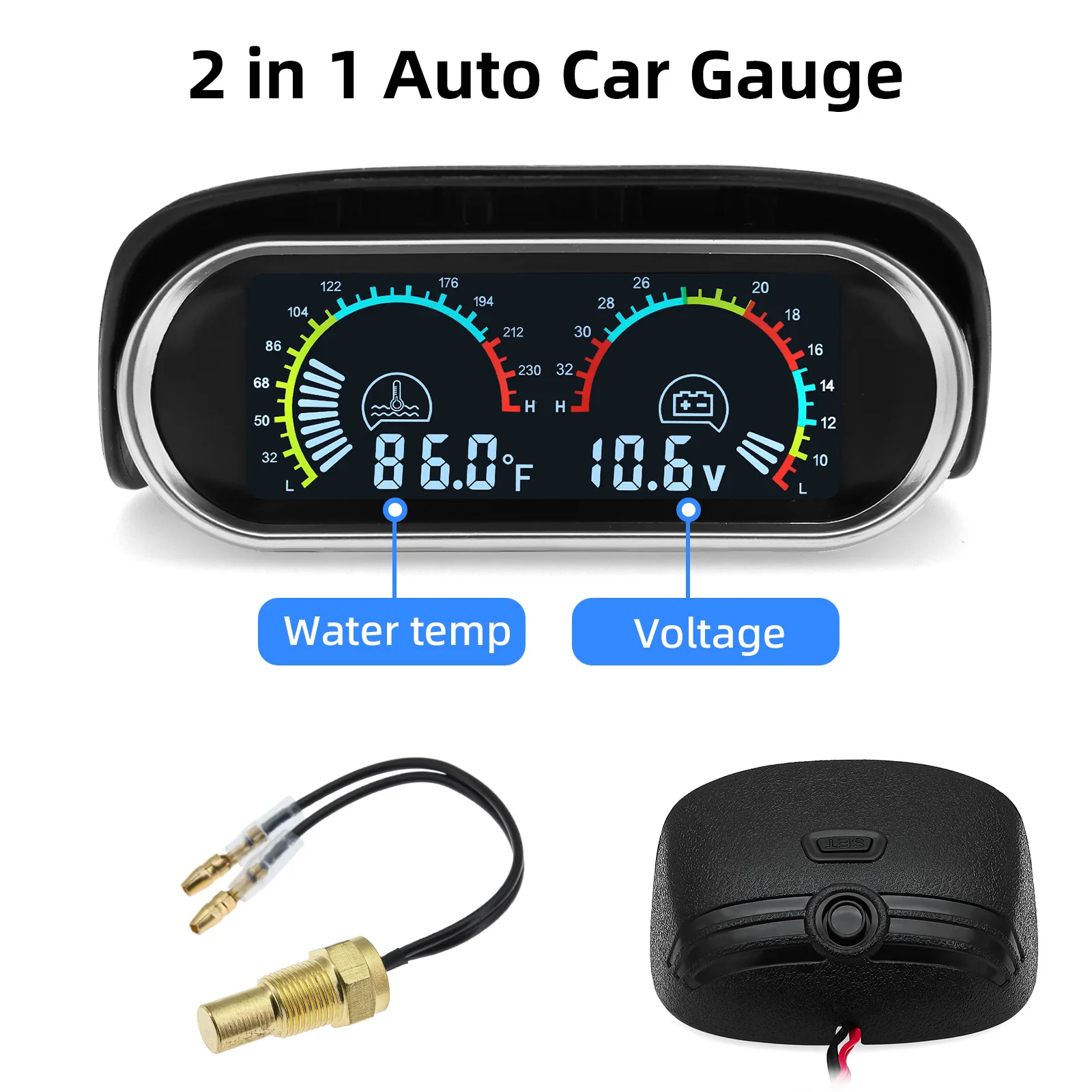 Dual Gauge 2 IN 1 LCD Meter 14-248℉ Water Temperature Gauge+Voltage with Sensor Flashing Alarm for Gasoline Diesel Car 12V24V