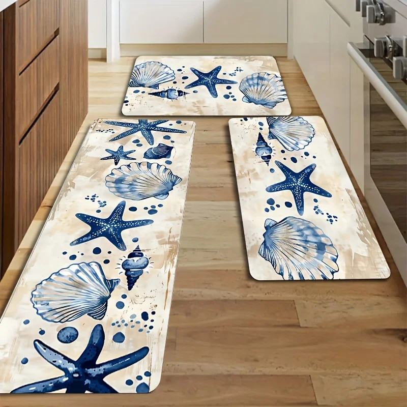 Sea Star Shell Print Kitchen Rug, Coastal Themed Decor Mat for Beach Style Home Dining Bathroom Bedroom Decor