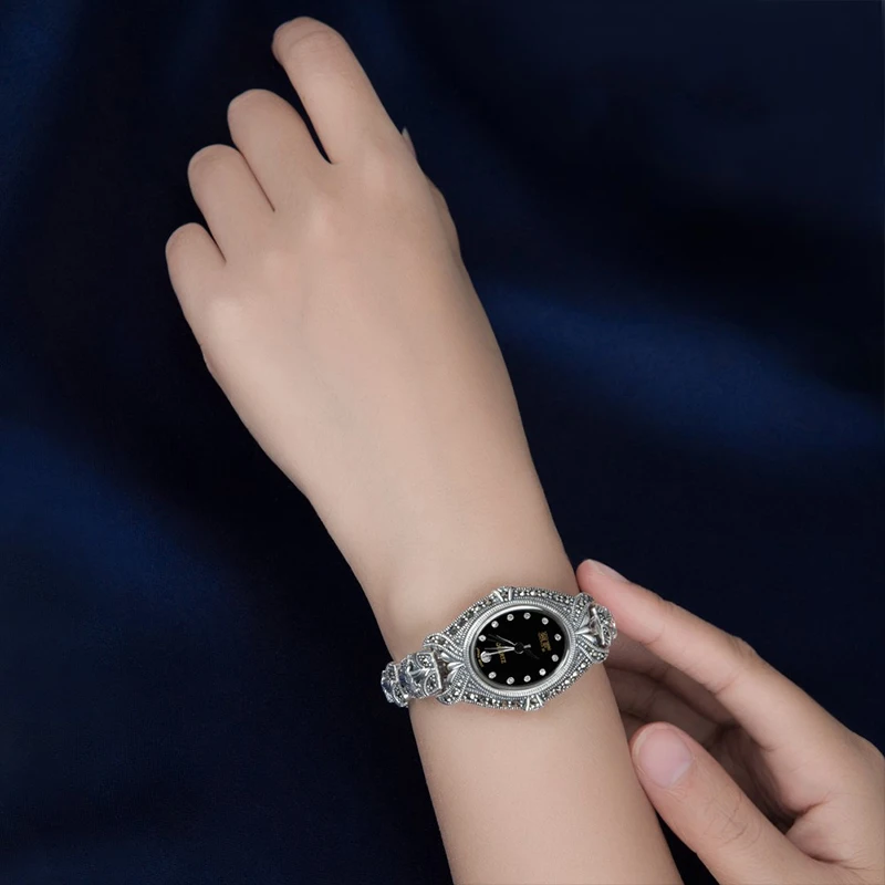 YYSUNNY Retro Women's Marcasite Pave Wrist Watch Fashion S925 Sterling Silver Bracelet for Ladies Birthday Gift Classic Jewelry