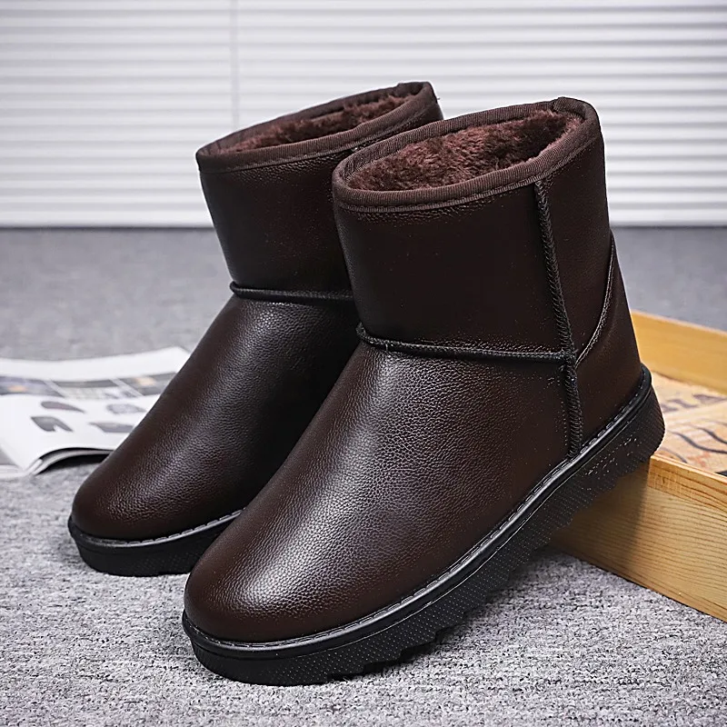 Casual Men Winter Short‑height Snow Boots Synthetic Leather Thick Plush Inner Non‑slip Thick Sole Outdoor Warm Cotton Shoes