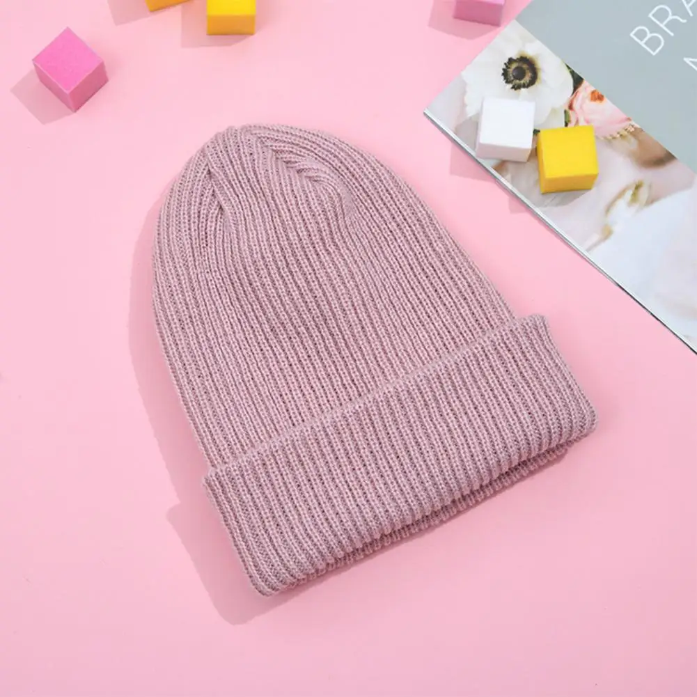 Solid Color Cap Soft Knitted Unisex Winter Hat High Elasticity No Brim Anti-slip Dome Top Warm Striped Texture for Women Men