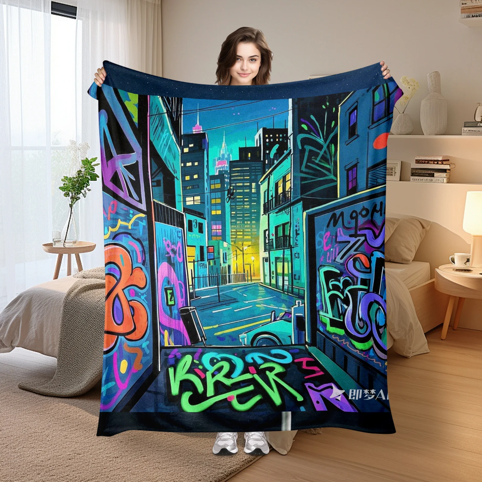 

Urban Graffiti Blanket With Bright Green Orange Yellow Street Scene And Skyscraper Design For Style