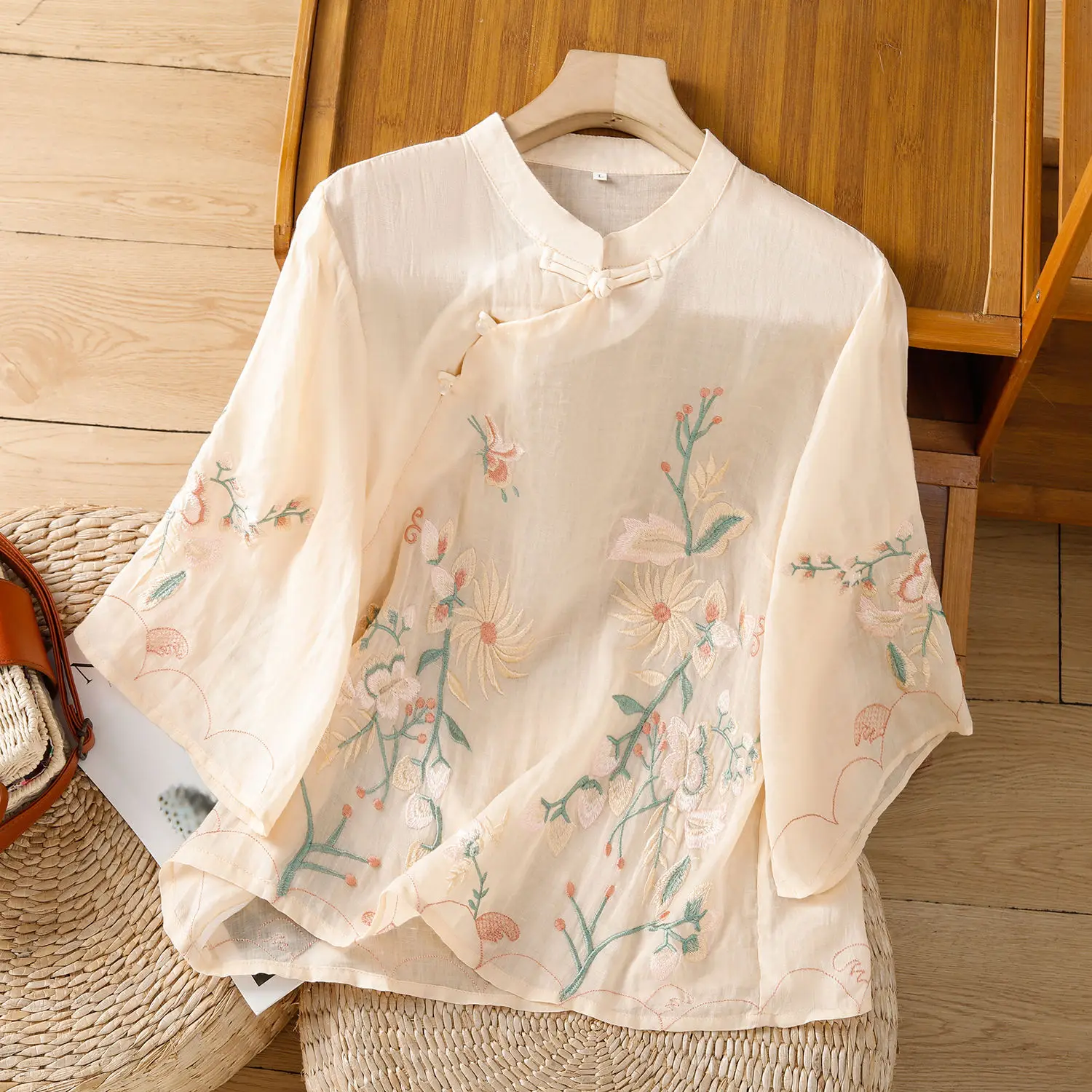 Traditional Chinese Shirts Women Summer Thin Stand Collar Frog Buttons Embroidery Half Sleeve Cotton Linen Tops  Hanfu TS-884
