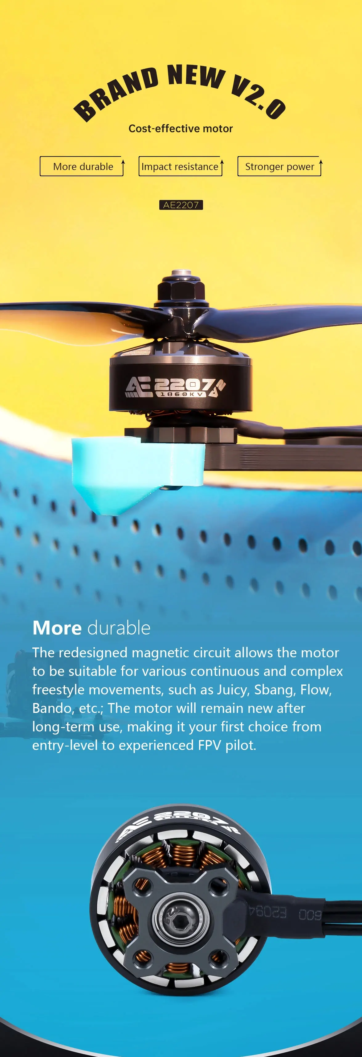 AxisFlying AE2207 V2 1860KV 1960KV 4~6S Lipo Bürstenloser Motor 5mm Welle Geeigneter 5-Zoll-Propeller Flower Fly Traversing Drone – Detail 1