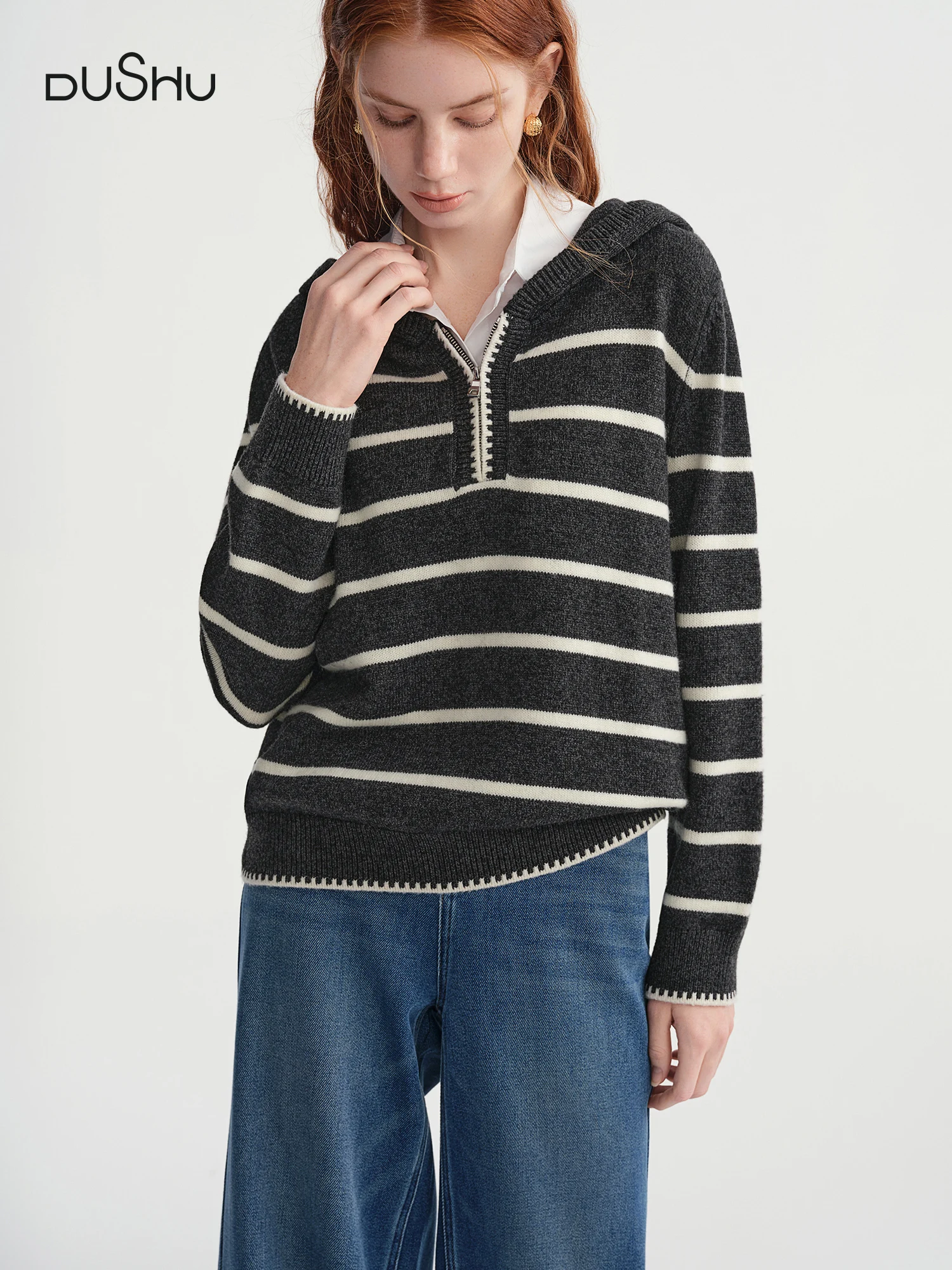 

DUSHU 2025 Autumn Winter Women's Placket Front Zipper Hooded Knit Sweater - Casual Loose Fit Pullover for Everyday Comfort