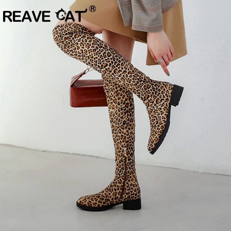 REAVE CAT 2022 Autumn Over Knee High Boots Fur Fashion Shoes 4cm High Heels Soft Flock Stretch Botas Big 43