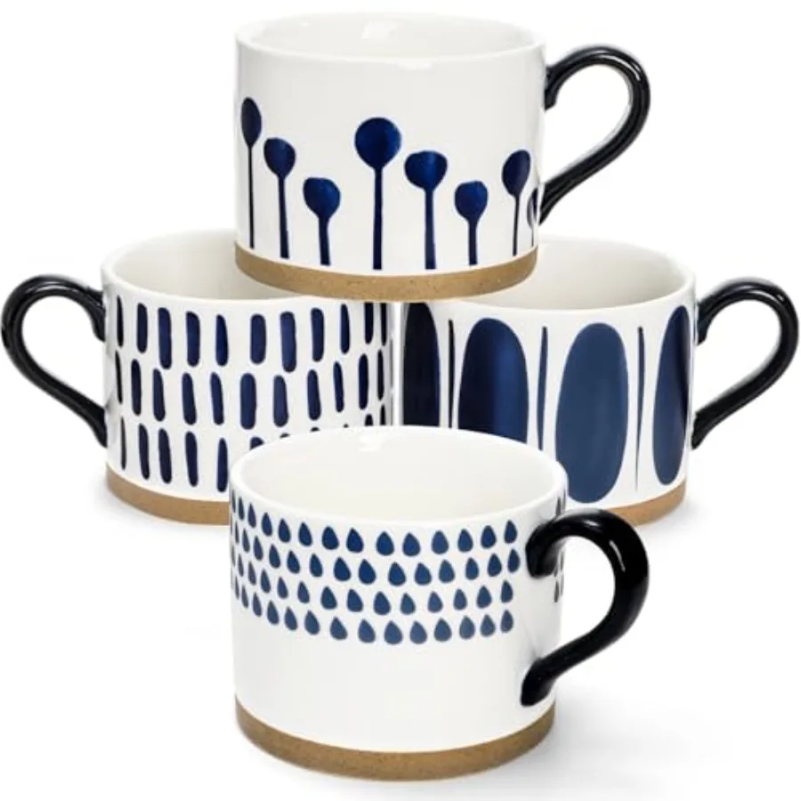

Set of 4 Porcelain Coffee Mugs 15 Oz Hand Painted Coffee Cups with Handles Large Glazed Stoneware Mugs for Tea Hot or Cold Drin