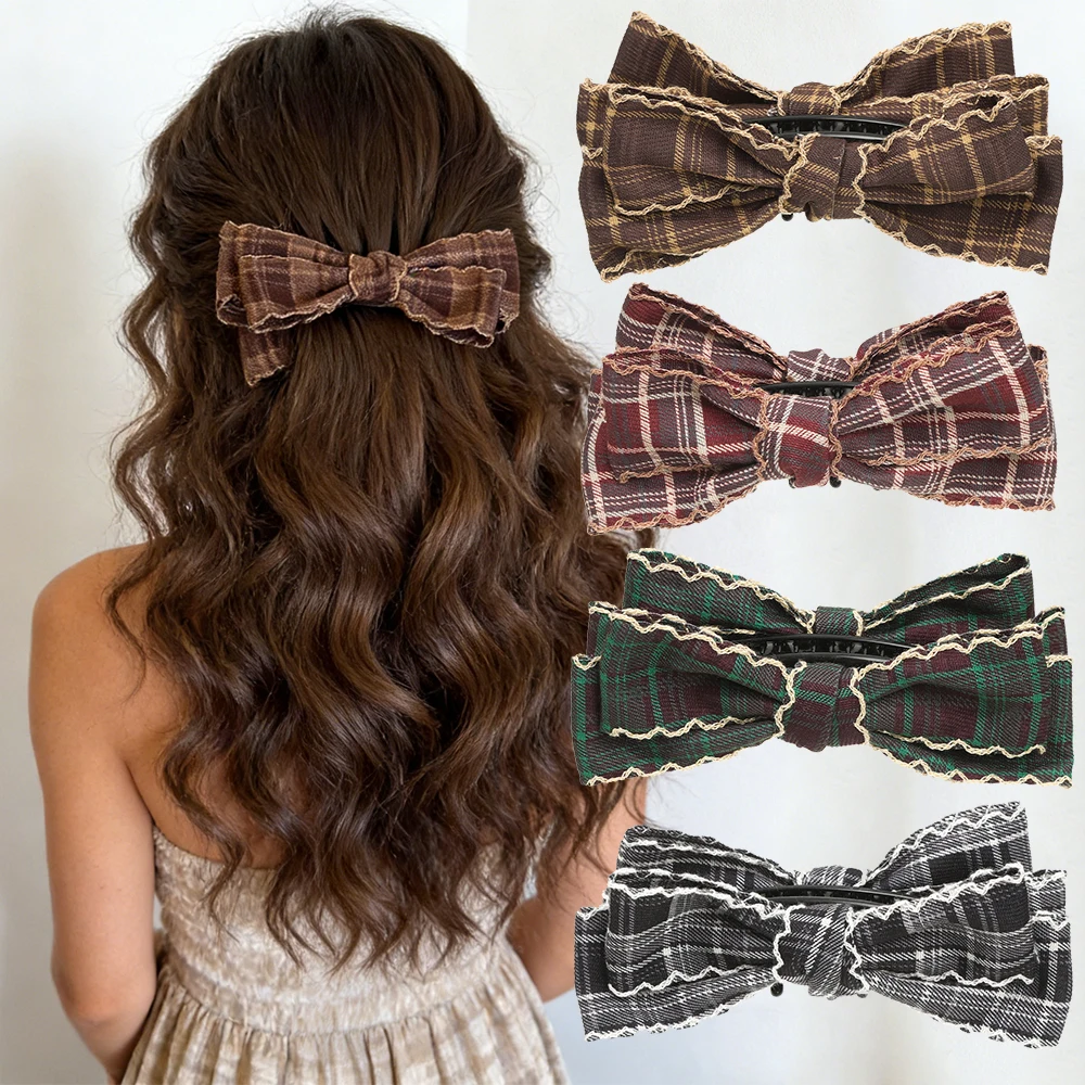 

AWAYTR Кружевные льняные заколки-бананы в клетку с бантом, тканевые заколки для волос для женщин, свадебные элегантные аксессуары для волос, головные уборы