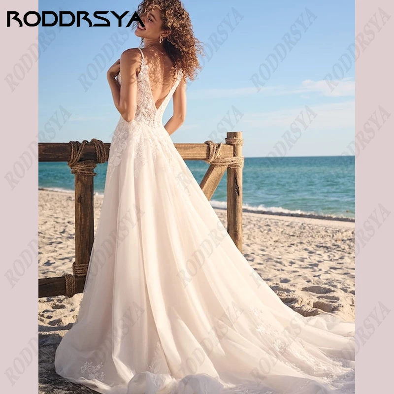 Roddrsya Spaghetti träger rücken freies Hochzeits kleid für Frauen sexy V-Ausschnitt Strand Braut Party A-Linie ärmellose Boho Robe de SoiréeSpaghetti träger rücken freies Hochzeits kleid für Frauen sexy V-Ausschnitt S