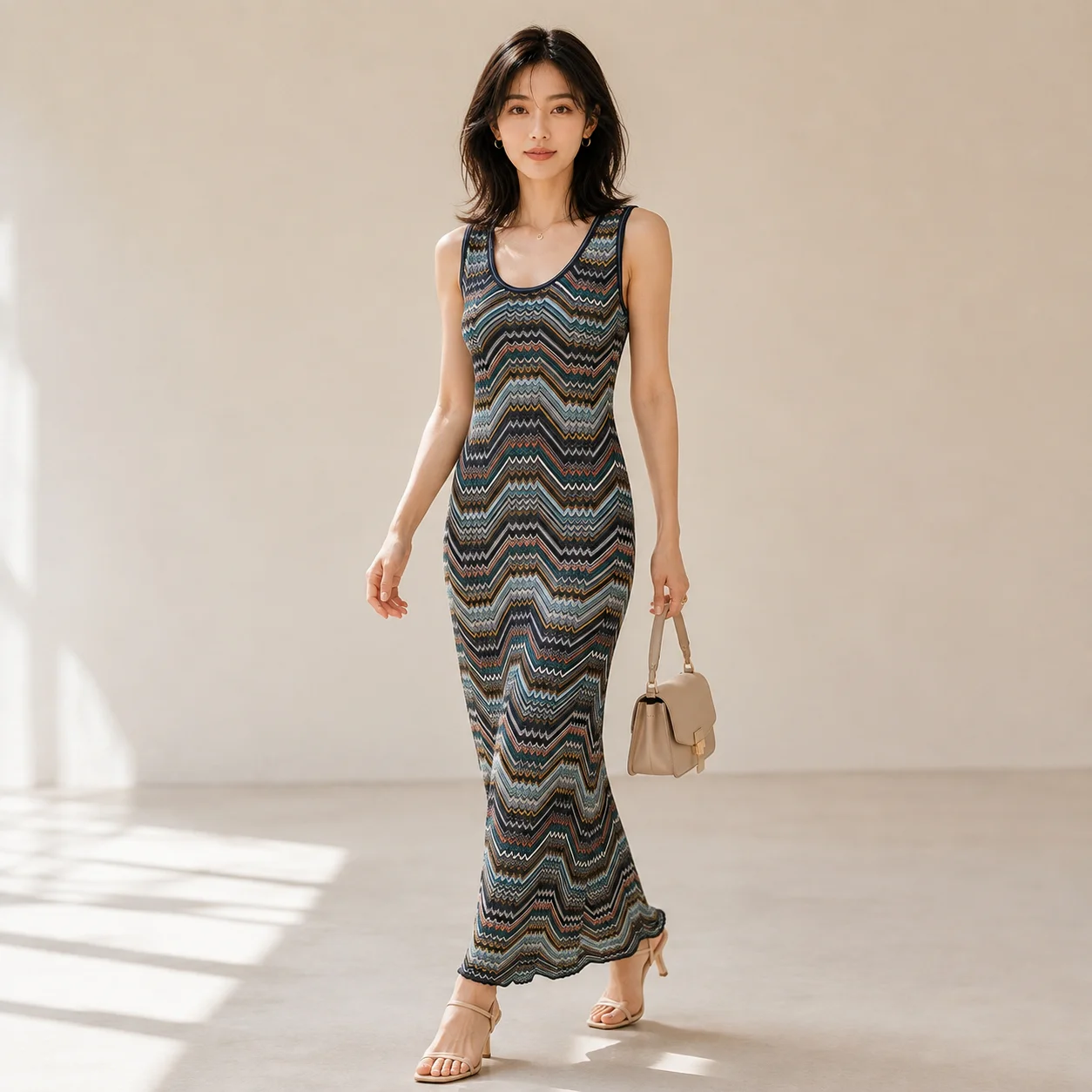Summer 2026 Color-blocked Wavy Pattern Elegant Sleeveless Long Knitted Dress Slim-Fitting Elegant Stylish New Arrival