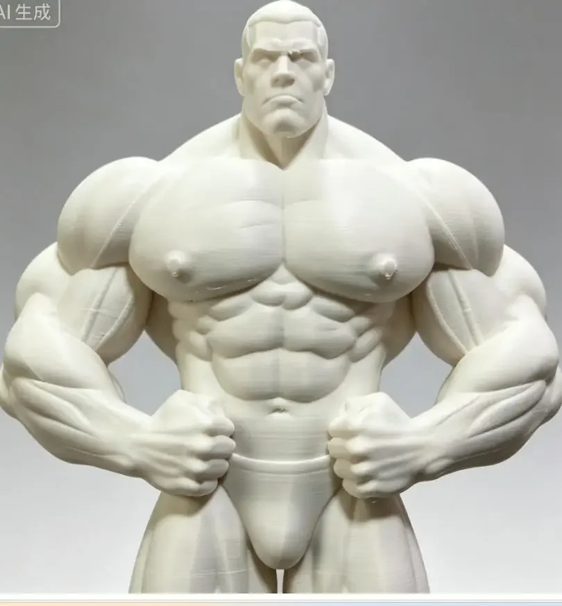 3D Printed White Mold Of A Muscular And Strong Man With A Shaved Head, A Fitness Hero Desk Decoration, 20cm In Size