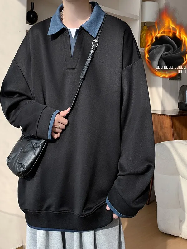 

Мужская толстовка в американском стиле с эффектом двухслойности, свободного кроя, утепленная флисом, в стиле ретро, модная, с длинными рукавами