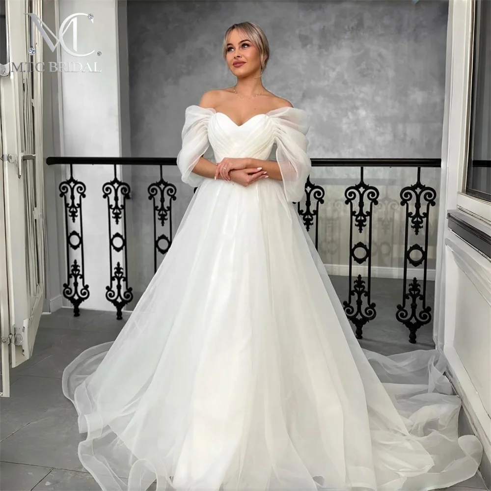 Wonderful White Organza Long Train Wedding Dresses Off The Shoulder Corset A Line 2026 High Quality Wedding Gowns Plus Size