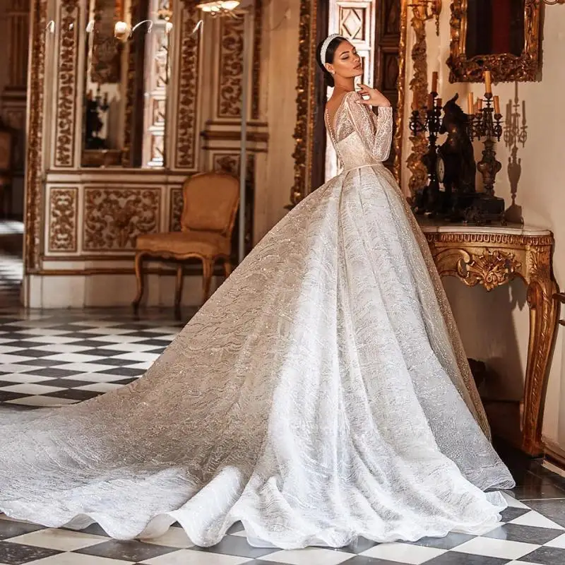 Carol Ball-vestido De Novia De manga larga con cuello en V, traje De Novia De princesa con lentejuelas brillantes y botones, 2023