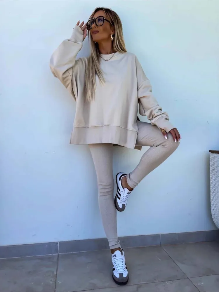 

Woman 2 Piece Set Outfit Casual Tight Trousers And Loose Sweatshirt Two Piece Outfits Simple Style Solid Color Trendy Commuting
