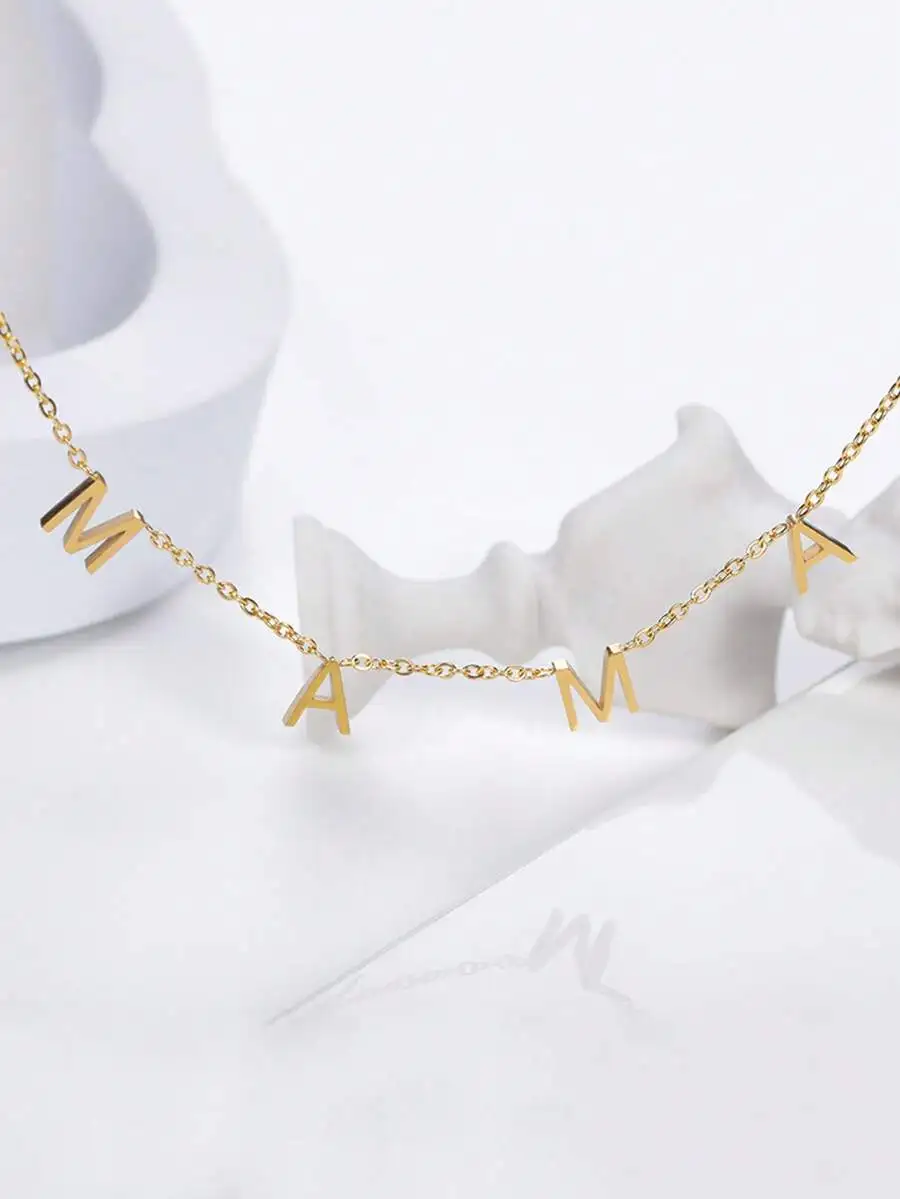 1pc Exquisite Minimalist MAMA Letter Pendant Necklace & Bracelet & Anklet For Women Stainless Steel Clavicle Chain Necklace Fash view 5