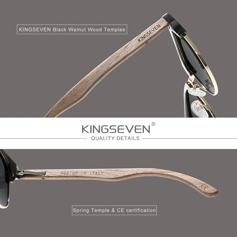 KINGSEVEN Quality Upgrade Handmade Walnut Wooden Sunglasses Men Polarized Semi-Rimless UV400 Protection Retro Eyewear Women