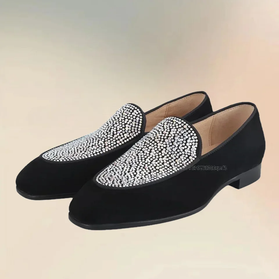 

Colorful Crystal Decor Black Velvet Men Shoes Fashionable Slip On Men Casual Shoes Novel Comfort Handmade Runway Low Top Shoes