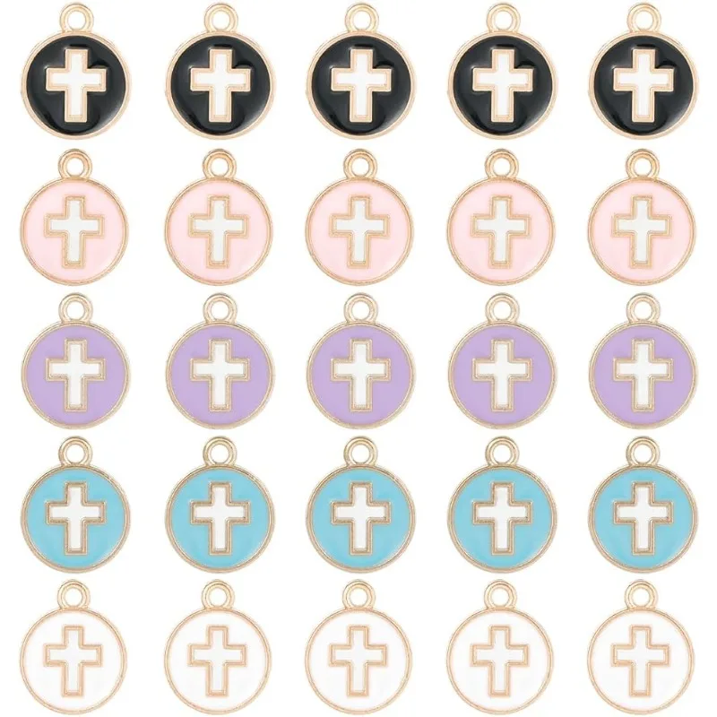 

50Pcs Cross Charms Bulk Black White Enamel Cross Charm Flat Round Colorful Crucifix Easter Holiday Hollow Charms for Jewelry