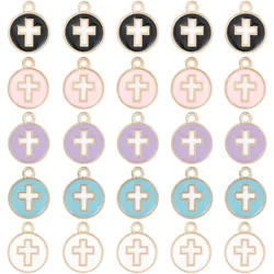 50Pcs Cross Charms Bulk Black White Enamel Cross Charm Flat Round Colorful Crucifix Easter Holiday Hollow Charms for Jewelry