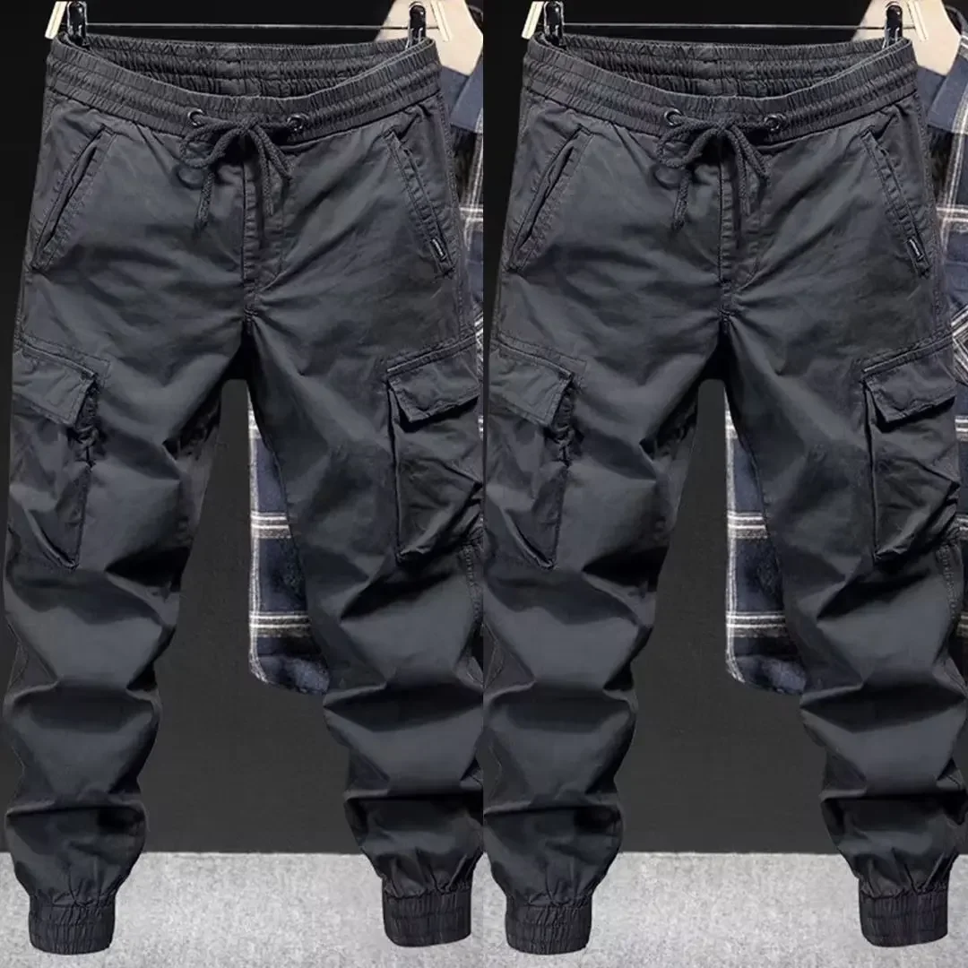 Male Drawstring Elastic Waist Cargo Jogger Pants Loose Multi‑Pocket Solid Color Trousers Outdoor Casual Long Pants Spring Autumn