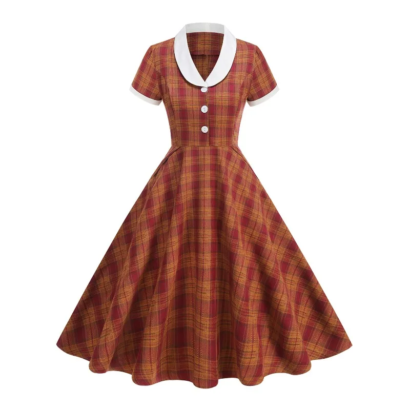2025 New Vintage Shawl Collar Buttons Front Plaid Rockabilly Long Dresses Autumn Winter Pockets Side Elegant Women's Swing Dress