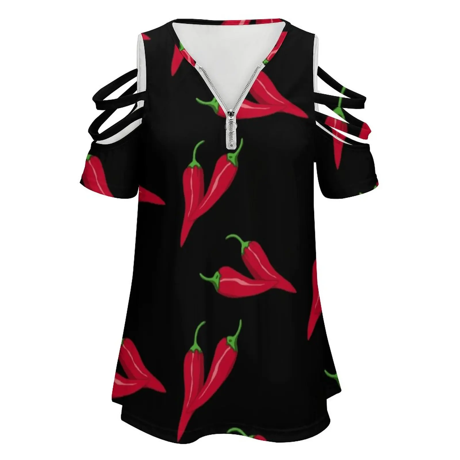 Spicy Red Chilli Pattern , Hot Peppers At Black Women'S T-Shirt Summer Fashion Print Floral V-Neck Zipper Tshirt Hollow