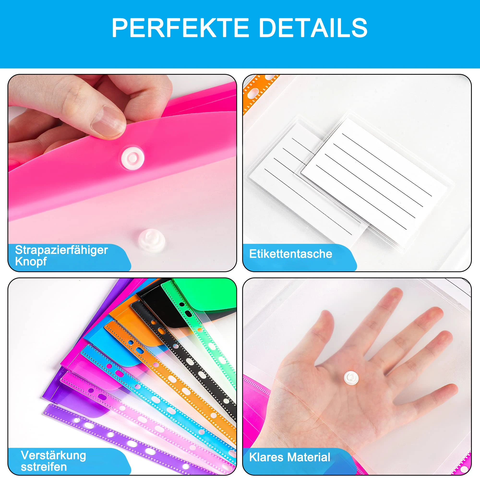 12-Piece File Holder, Binder Dividers with Snaps, Fits 2/3/4/11 Binders, 6 Colors