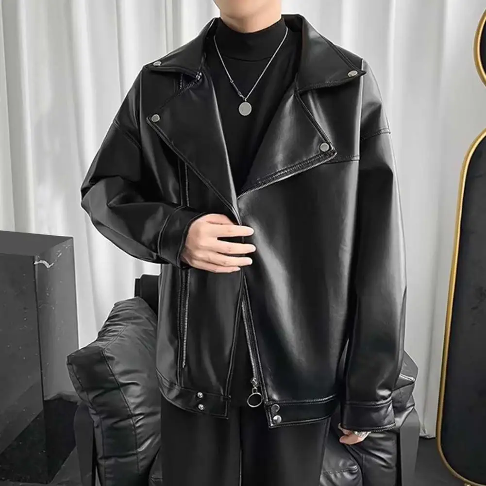

Men's Motorcycle PU Leather Jacket Fashionable Solid Color Slim Fit Zipper Long Sleeved Lapel Leather Jacket Men's Clothing