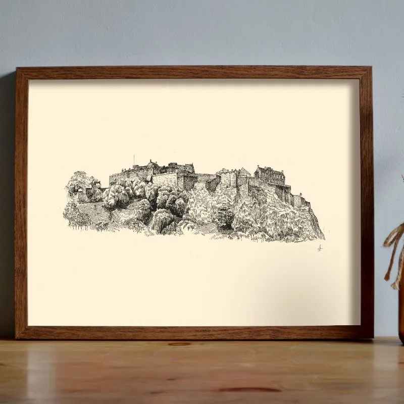 Vintage Edinburgh Castle Pen Ink Drawing Sketch Poster Scottish Architecture Canvas Painting Wall Art for Living Room Home De view 3
