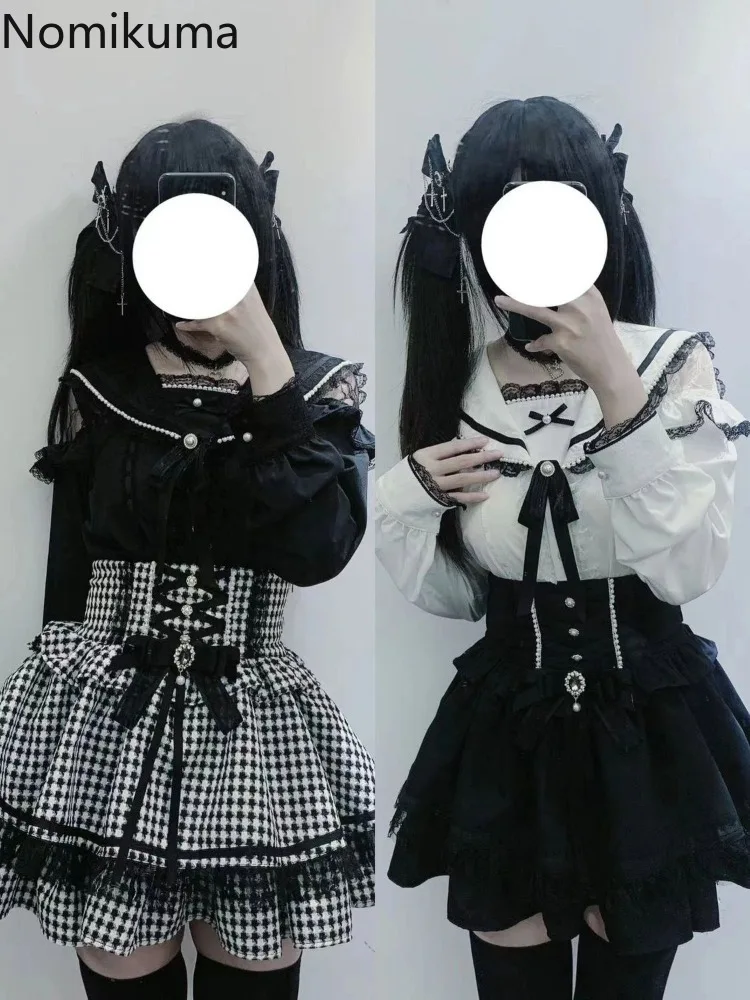 تنورة منقوشة من Faldas Mujer De Moda لعام 2025 للنساء تنانير يابانية حلوة بخصر عالٍ بفيونكة لطيفة مطرزة بالخرز على شكل حرف a تنانير صغيرة