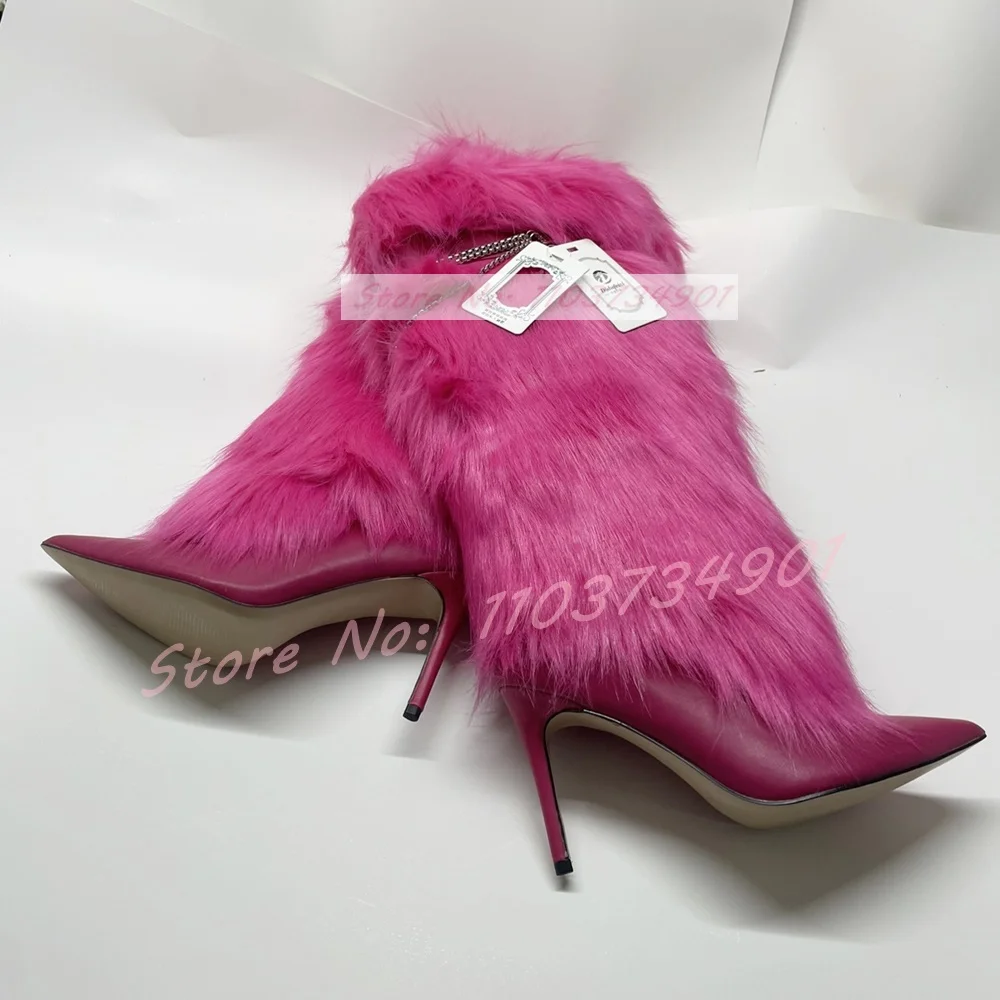 Furry Metal Chain Belt Buckle Stiletto Boots Women Sweet Pointy Toe Slip-On High Heels Shoes Ladies Fashion Knee Length Boots