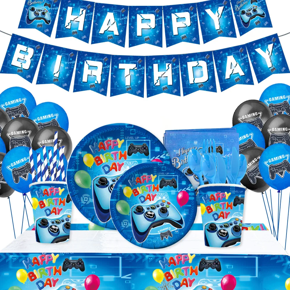 

Kid Birthday Game Theme Party Supplies Decor Disposable Paper Plates Cup Napkin Video Game Table Cover Wedding Party Tablecloth