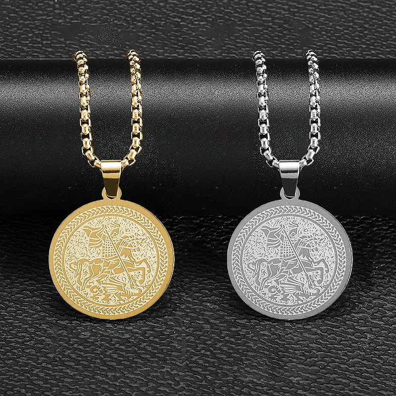 Stainless Steel Christian Warrior Saint George Dragon Medal Pendant Necklace Men's Badge Amulet Jewelry Fashion Gift