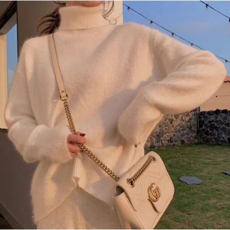 NEW Winter Mink Cashmere Turtleneck Sweater Women\'s Loose Big Size White Fluffy Pullover Angora Soft S221116